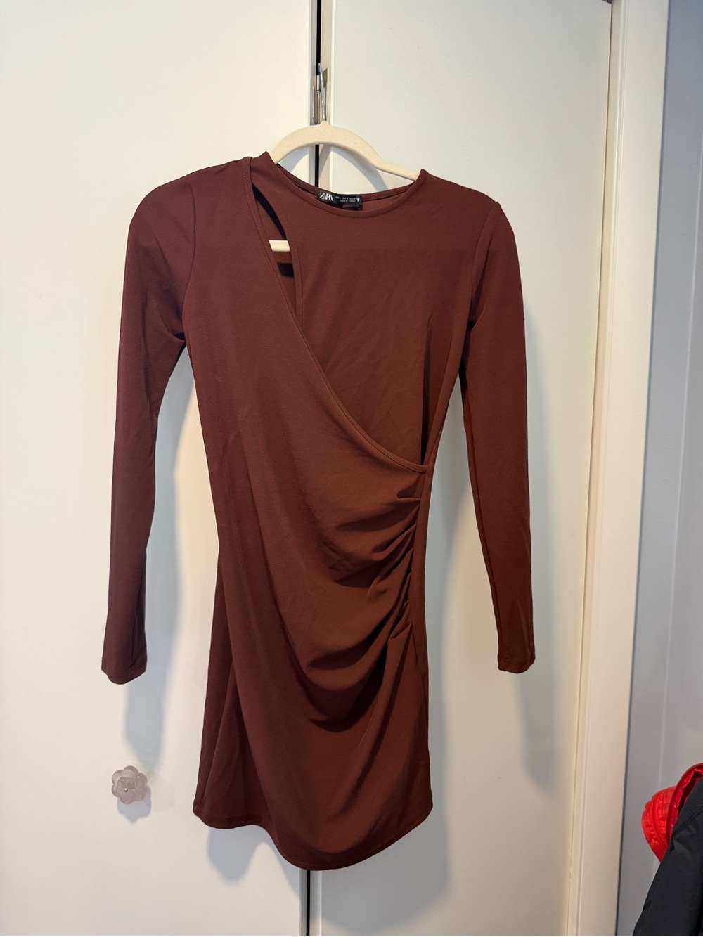 Zara Rust Brown Ruched Wrap-Style Mini Dress
